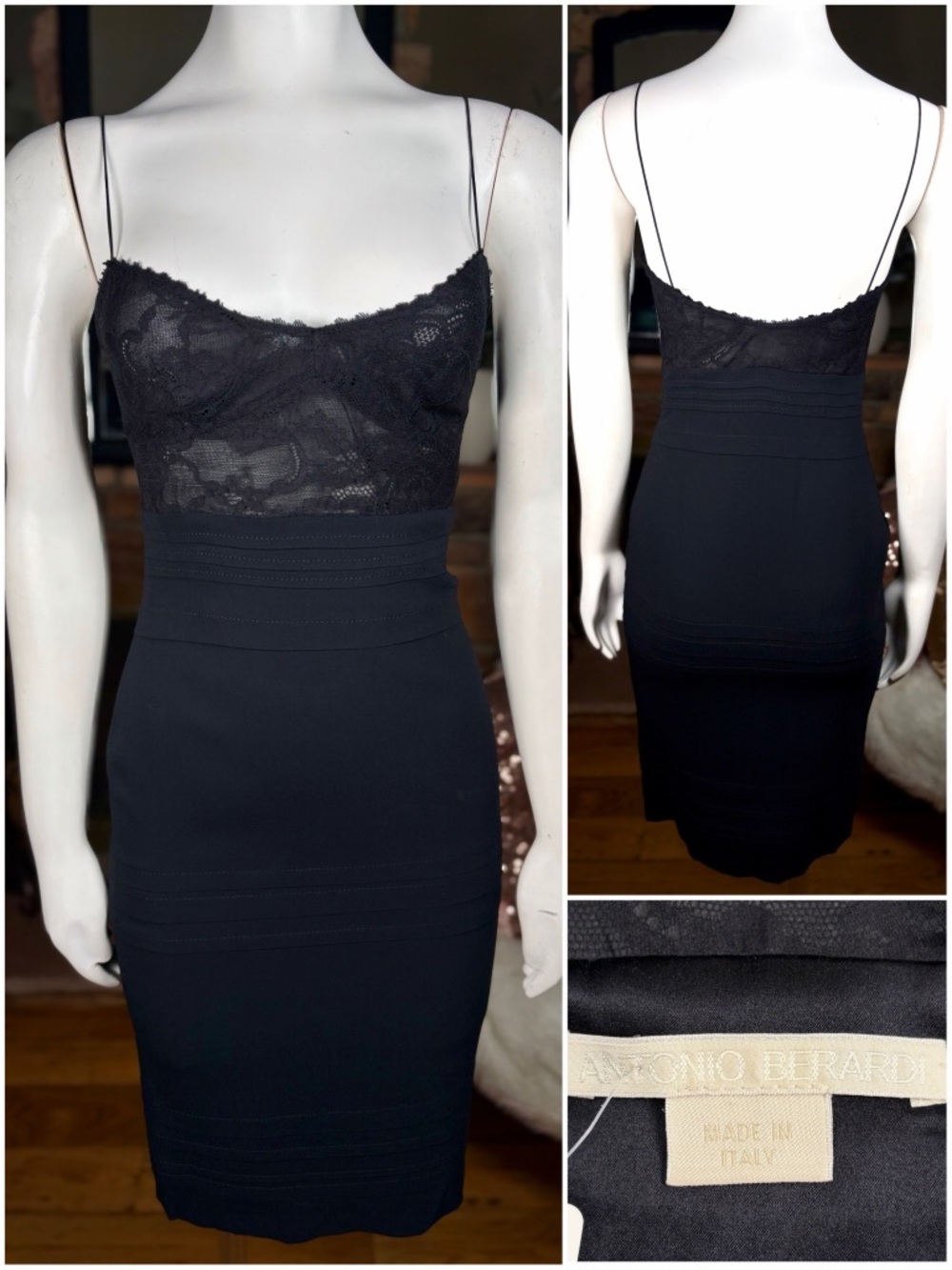 Antonio Berardi Black Lace Spaghetti Strap High Waisted Bodycon Dress, Sz 2 & 8